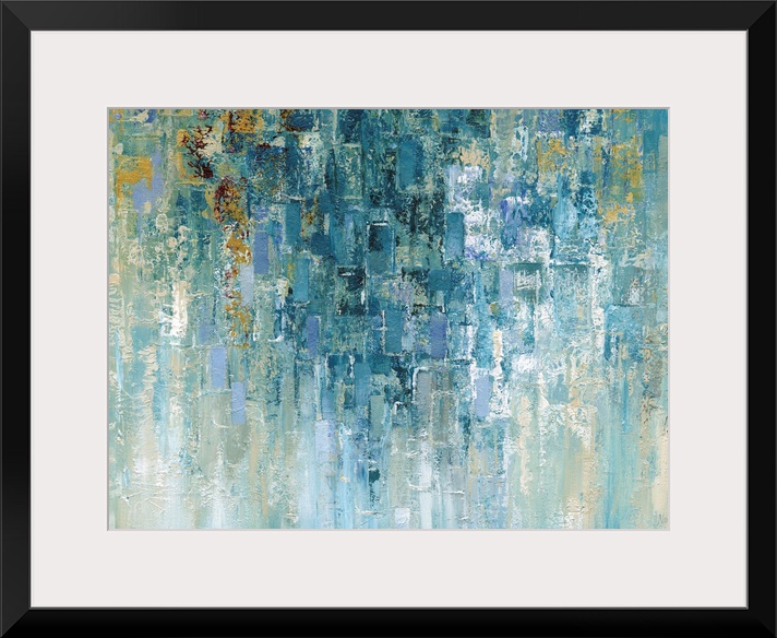 Contemporary abstract art in cool colors with cascading shapes.