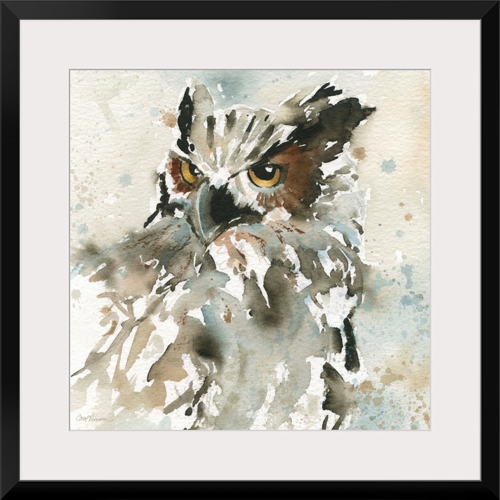 A watercolor painting of an abstract owl with a neutral background that has paint splattered on it.