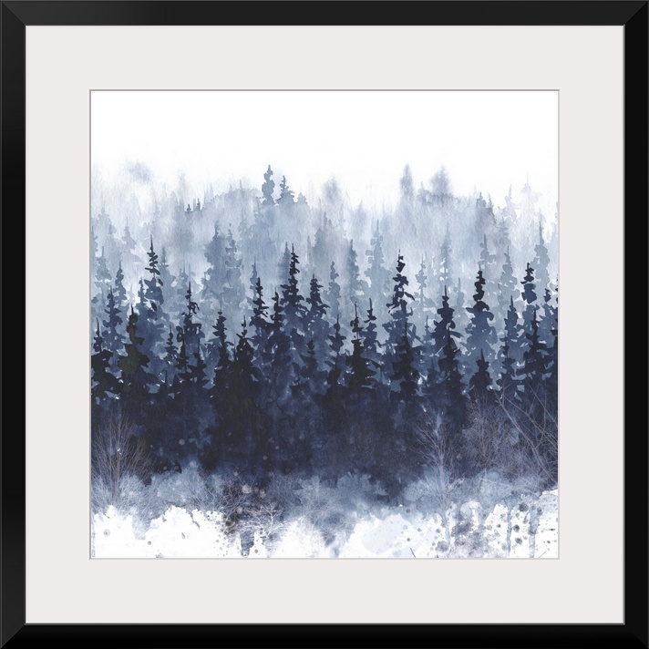 Square watercolor painting of indigo trees with paint splatter on the bottom.