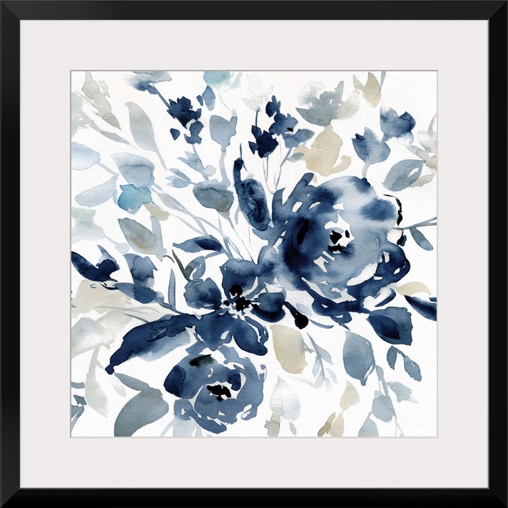 Square watercolor painting of flowers with indigo, gray, and tan hues.