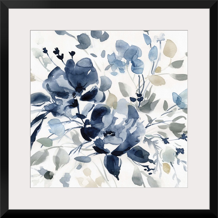 Square watercolor painting of flowers with indigo, gray, and tan hues.