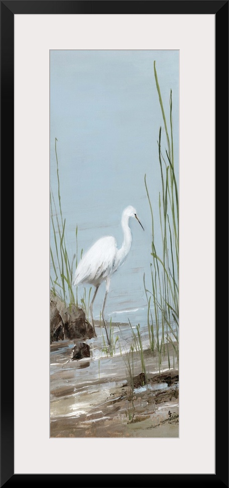 Tall panel painting of an egret on a rocky shore with tall beach grass.