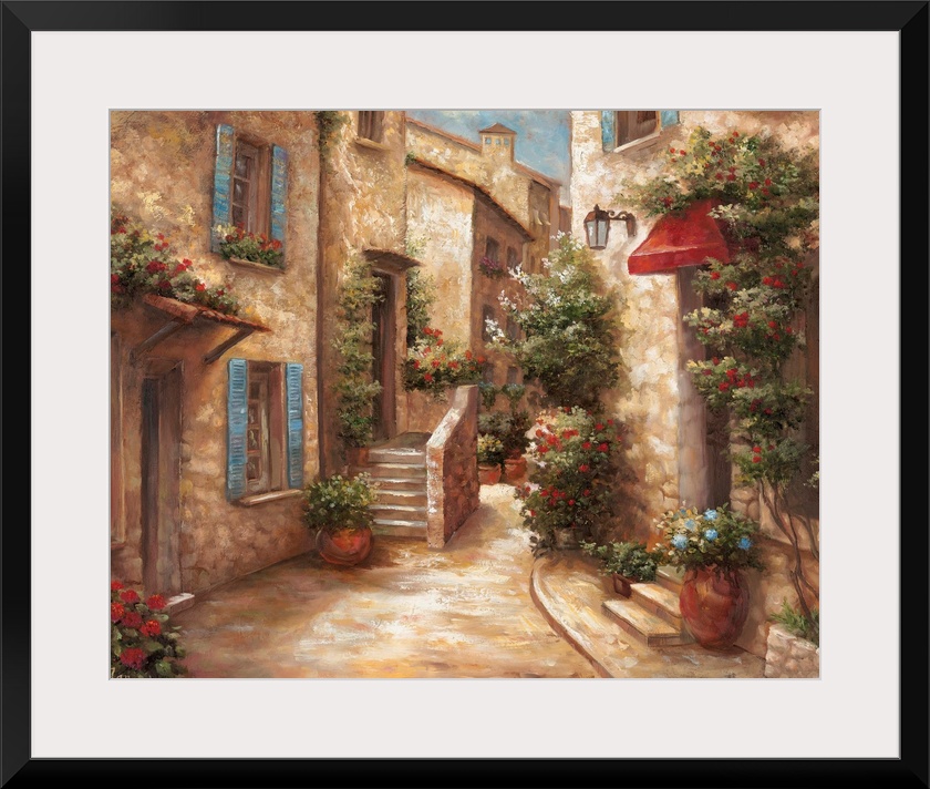 Horizontal, large home art docor of a narrow street running through a stone Italian village, the windows and doorways on e...