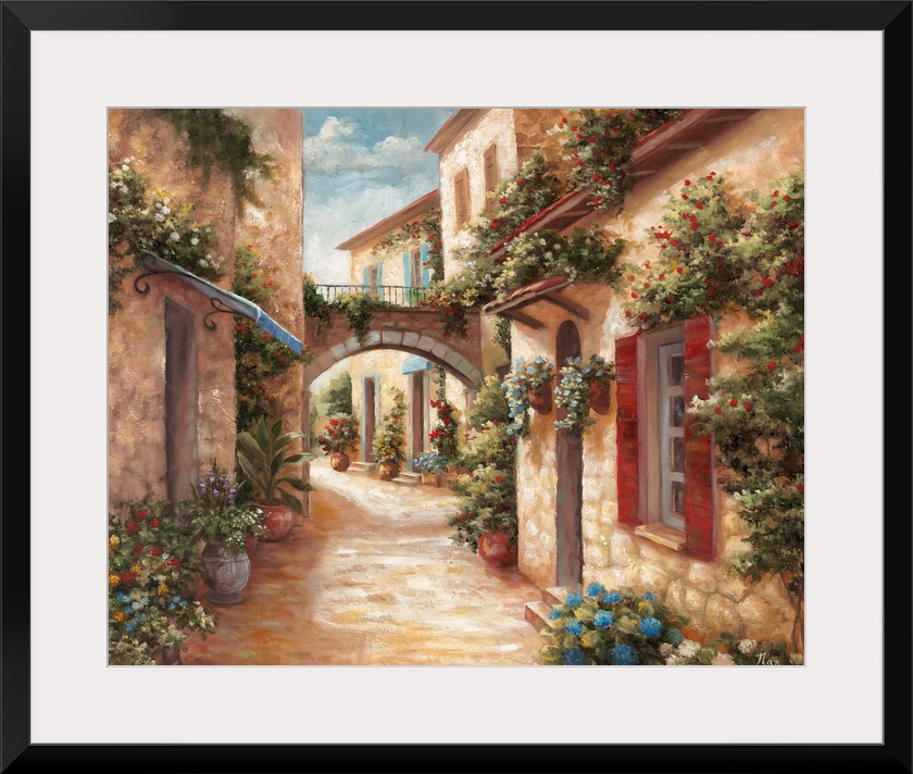 A traditional style painting of a cobblestone alleyway in an Italian village, with doors and windows surrounded by flowers.