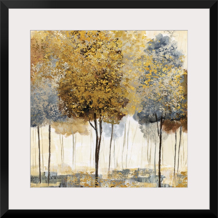 Square decor with metallic gold and silver trees in an abstract forest.