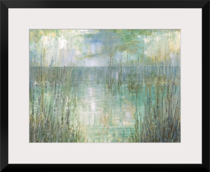 Abstract landscape painting of the ocean behind tall beach grass in pale green, blue, purple, and yellow hues.
