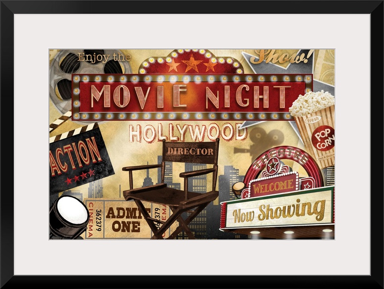 A collage of movie theater themed graphic elements featuring a director's chair, popcorn and other cinema themed items.