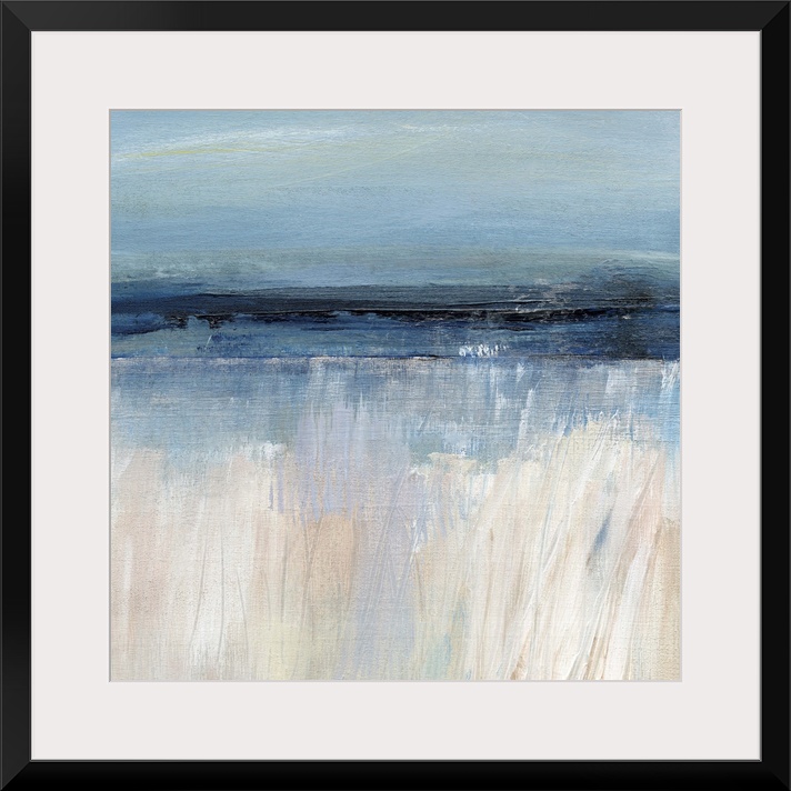 Square abstract painting of a seascape with the sandy beach at the bottom and the ocean and sky above, separated by differ...