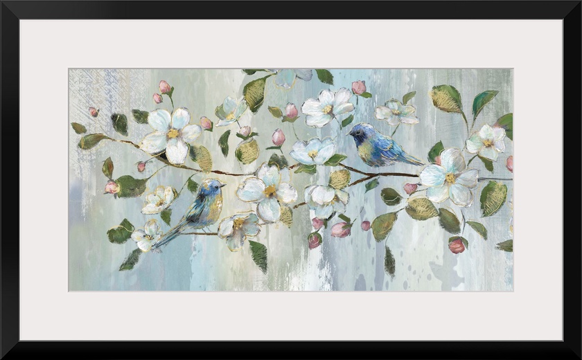 Contemporary painting of two blue birds perched on a branch with white flowers, pink flower buds, and green leaves with go...