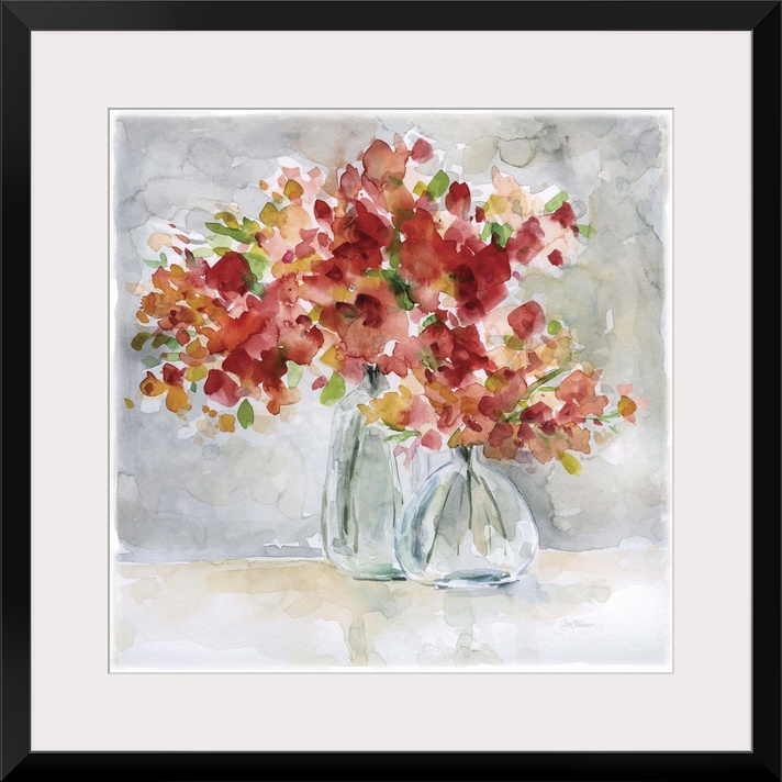 Beautiful square watercolor painting of red and orange flowers in glass vases on a gray and tan background.