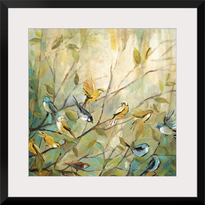 A contemporary painting with blue, yellow, and green hues of twelve birds sitting on small branches