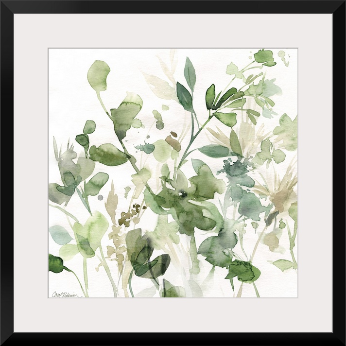 Square watercolor painting of an abstract garden with flowers and vegetation in shades of green, blue, and brown.