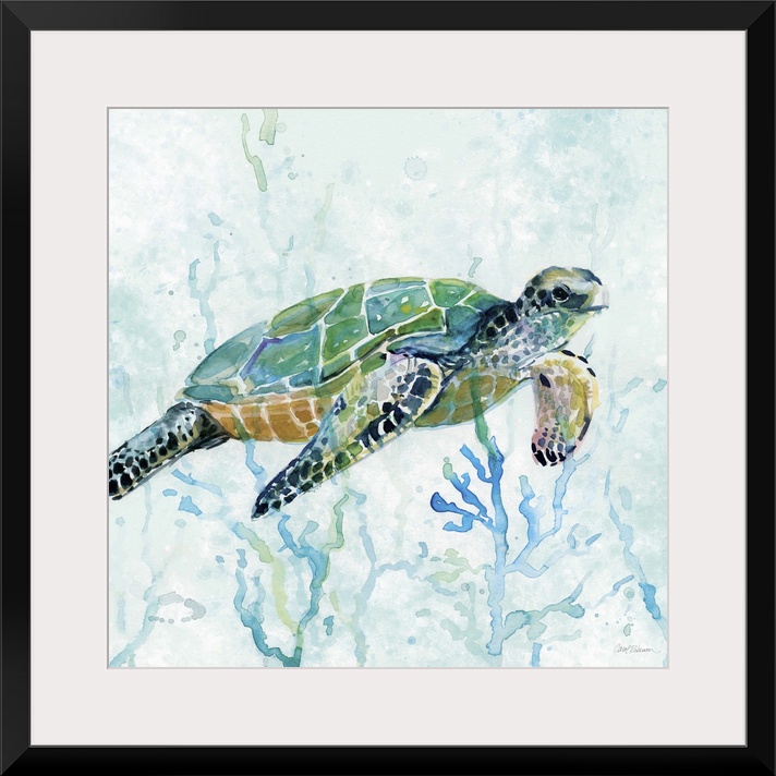 Square watercolor painting of a sea turtle swimming amongst seaweed in shades of blue and green.
