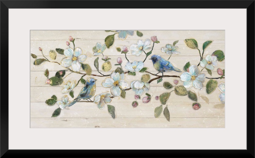 A painting of two birds sitting on a branch surrounded by white flowers on a shiplap background.