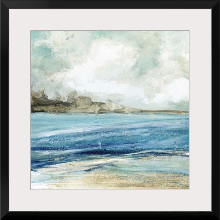 Abstract painting of the beach with layers of blue, gray, and white hues.