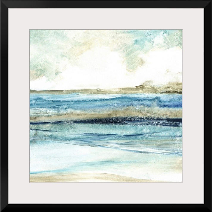 Abstract painting of the beach with layers of blue, gray, and white hues.