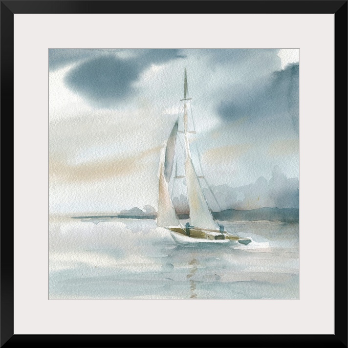 Square watercolor painting of a sailboat on the ocean in shades of blue and beige.