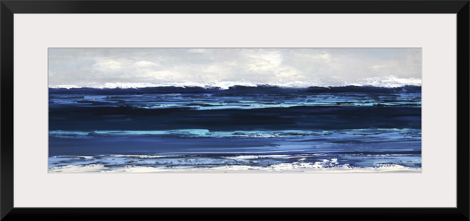 Panoramic painting of horizontal brush strokes illustrating waves of the ocean coming to shore.