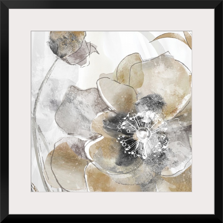 Square painting of poppy flowers in shades of gold and silver with white highlights.