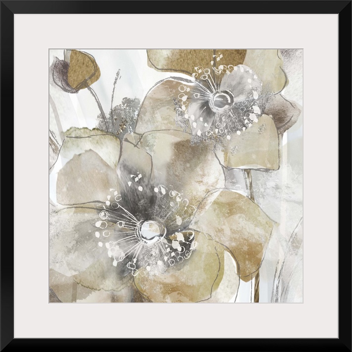 Square painting of poppy flowers in shades of gold and silver with white highlights.