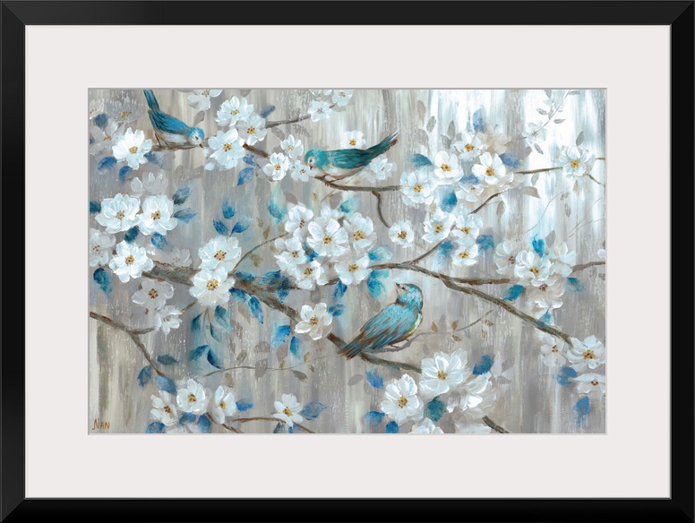 A sweet scene of three blue birds sitting among the branches of a tree laden with white blossoms. The neutral colorscheme ...