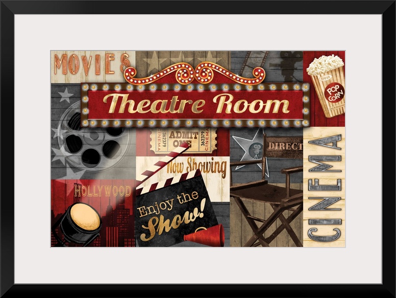 A collage of movie theater themed graphic elements featuring a director's clap board, film reel and other cinema themed it...