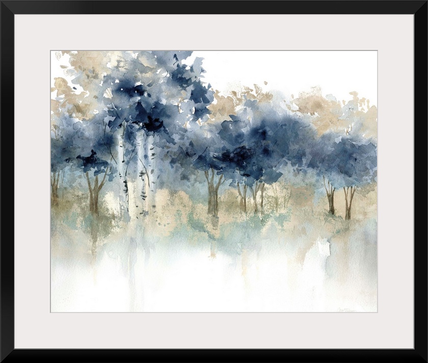 Abstract watercolor painting of a forest filled with indigo topped trees.