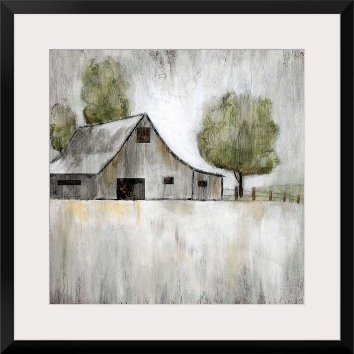 Illustration of an old grey barn with a few trees on a grey landscape.