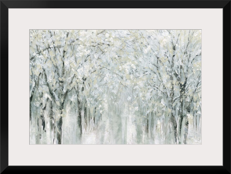 Abstract painting of a winter scene with snow covered trees.