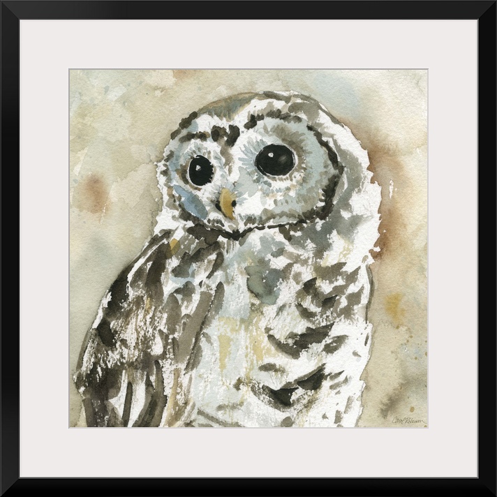 A watercolor painting of an abstract  woodland owl.