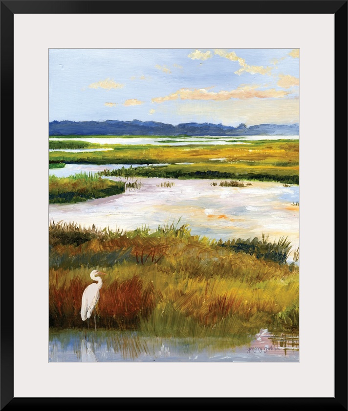 A serene scene of water and grasses illuminated by the late afternoon sun. A white heron stands patiently in the corner. T...