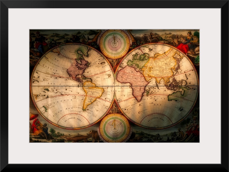 Huge world map in an antique style displayed over two separate circles.  The detailed map includes names for oceans and nu...