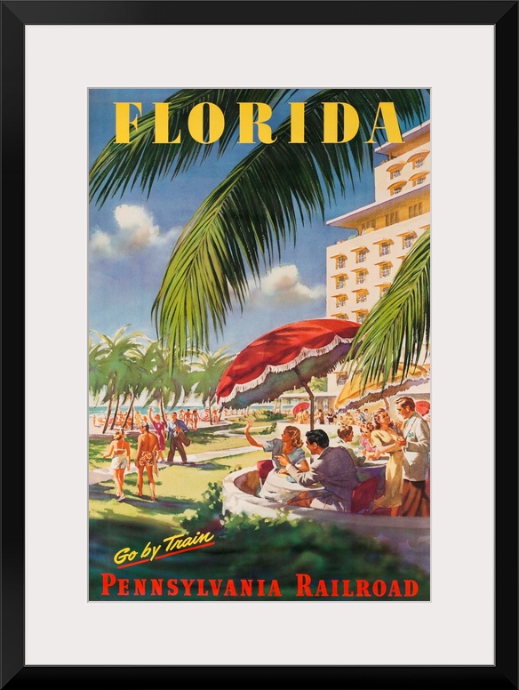 ca 1950's travel poster. Happy couples dine and relax ocean side, next to stylish hotel