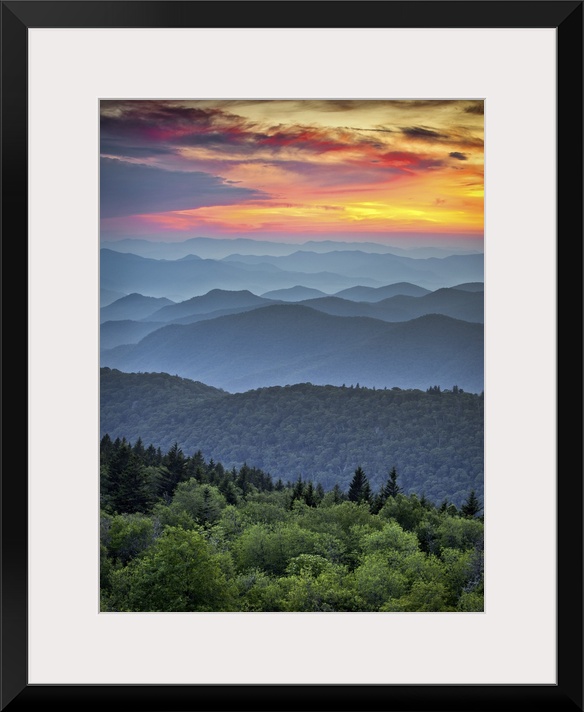 Blue Ridge Parkway scenic landscape with the Appalachian Mountain ridges and sunset  over Great Smoky Mountains National P...