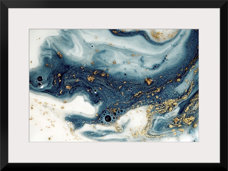 Fluid/liquid art with golden powder and sequins. Marble effect painting. Turkish paper.