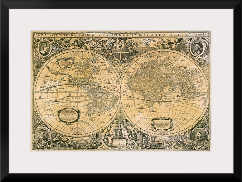 An antique map that displays faded text and decorative drawings on the outside of two circles representing the two sides o...