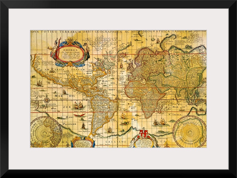 Photograph of an antique map of the world portraying the continents with latitude and longitude lines and symbols depictin...