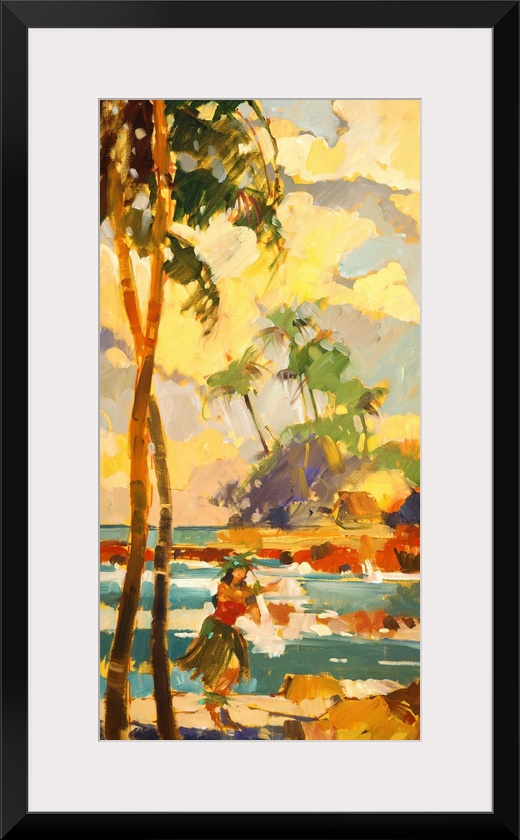 Oversized vertical painting of a female Hawaiian dancer in a grass skirt, on the beach, standing beneath two very tall pal...