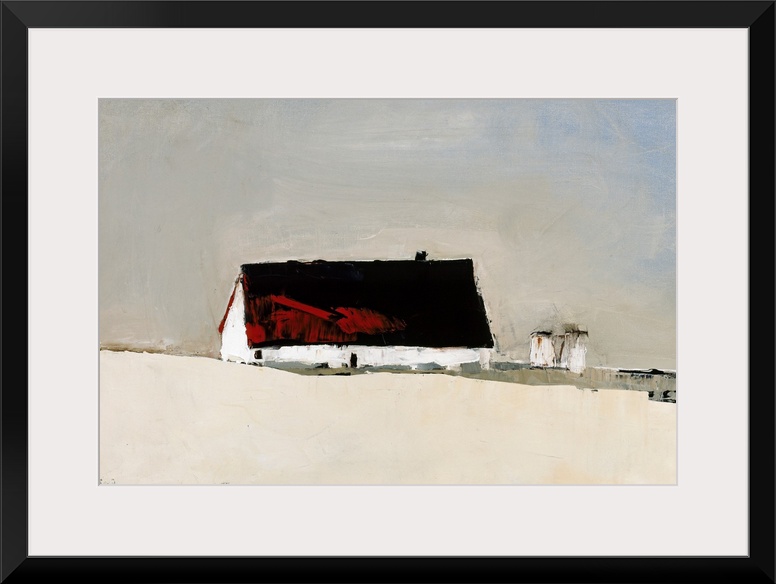 Contemporary painting of a red roof barn sitting on a white field with two silos in the background.