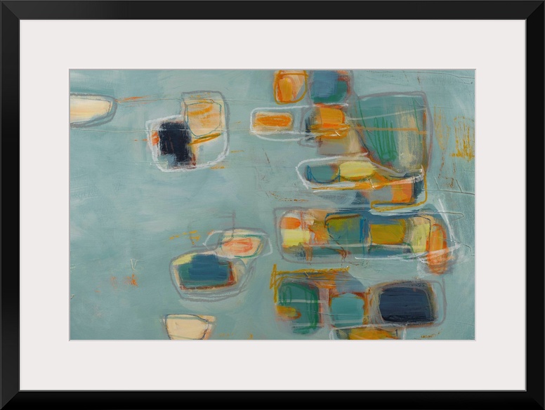 Retro mid-century style abstract painting using soft geometric shapes and muted colors.