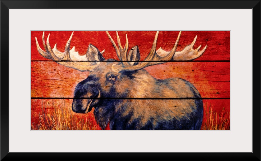 Panoramic wildlife art showcases an illustration of a moose that is separated by three horizontal rectangles.