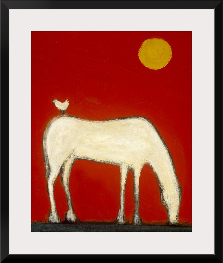 A large vertical contemporary painting of a white horse leaning over to eat with a small white bird standing on it's back.