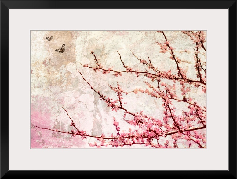 Contemporary artwork of tree branches covered in flowers with crackled background and two small butterflies in flight.