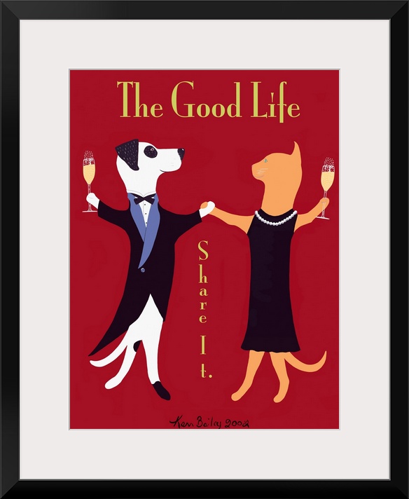 Huge retro art composed of a dog in a tuxedo and a cat in a dress enjoying a glass of champagne while they dance against a...