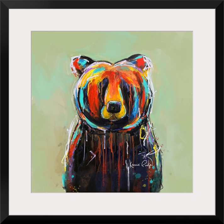 A contemporary painting of a colorful bear with accents shades of yellow, red and blue.