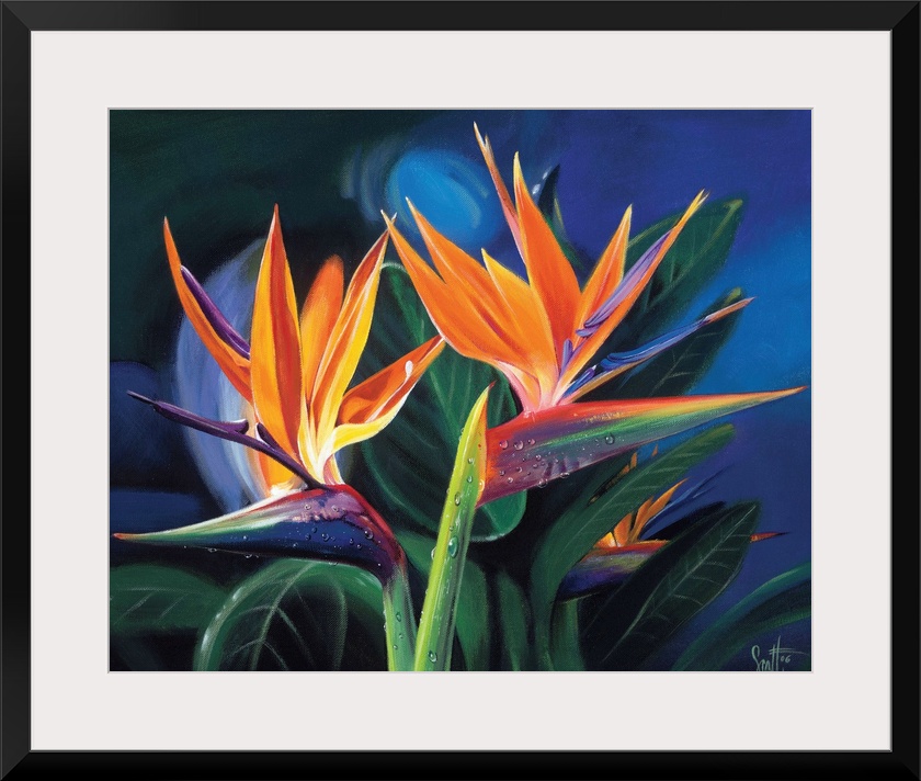 Wall docor of tropical flowers with vegetation in the background on canvas.