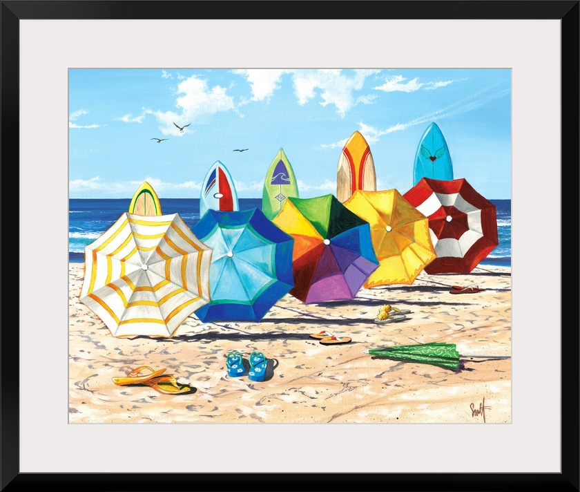 Realistic drawing of open colorful umbrella's and surfboards lined up on the beach with flip flops scattered throughout th...