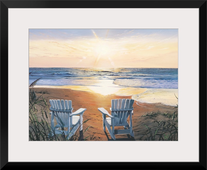 Painting of two beach chairs on sand near shoreline under a sunny sky.