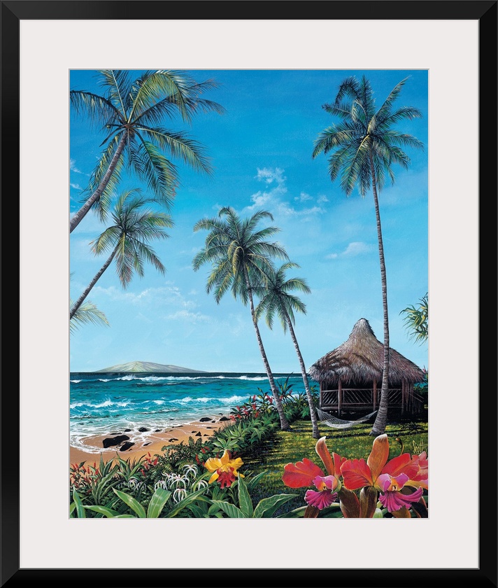 This is a vertical landscape painting of a straw roof hut and hammock slung between palm trees next to tropical beach with...