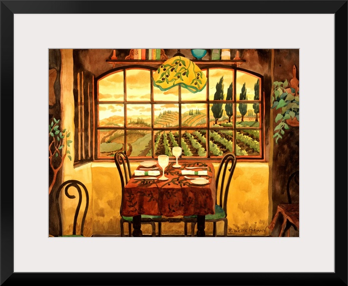 Painting of a table set for dinner inside a house by a window looking out over farmland. Warm, relaxing colors and tones d...